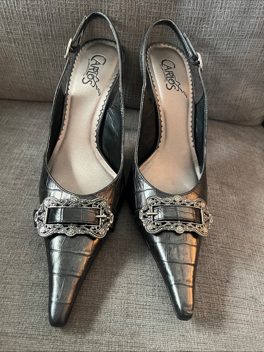 Black Croc-Embossed Pointed Toe Slingbacks Pumps by Carlos Santana Women’s 9.5 M